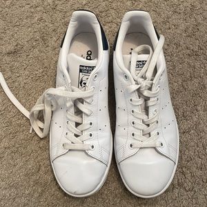 white and navy stan smith sneakers